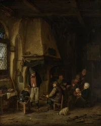 Die Schlittschuhläufer: Bauern in einem Innenraum, 1650